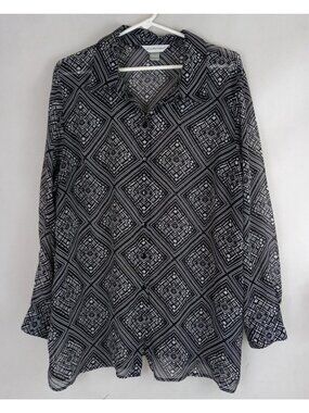 Christopher & Banks Women's Black & White Sheer Button Up Blouse Size XL